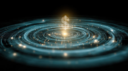 This captivating illustration showcases a glowing dollar symbol at the center of swirling circles, symbolizing financial success and wealth in a modern digital world.の素材