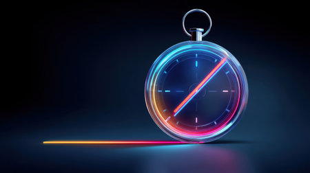A sleek, futuristic stopwatch showcases colorful indicators and light trails against a dark background, perfect for themes in technology and time management.の素材