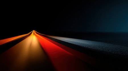 This abstract image features dynamic light trails in warm reds and cool tones, set against a dark background. It evokes a sense of motion, depth, and modern artistry.の素材