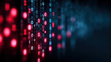 A striking visual representation of binary code flowing in blue and red colors, creating a modern and abstract feel perfect for projects related to technology and cybersecurity.の素材
