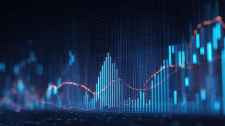 Dynamic visualization of stock market data highlighting vibrant financial charts and graphs, perfect for illustrating economic trends, analysis, and investment strategies.の素材