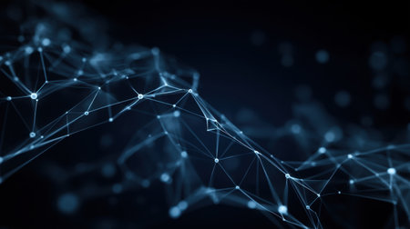 This image features an abstract representation of digital network connections, emphasizing a futuristic aesthetic with glowing nodes and intricate geometric patterns on a dark background.の素材