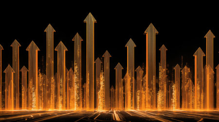 This captivating abstract artwork features vibrant golden arrows on a dark backdrop, symbolizing upward growth and success in business and financial contexts.の素材