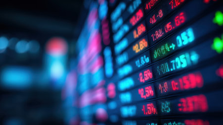 Close-up view of a vibrant stock market display with colorful data showing financial indices, prices, and percentage changes in a modern trading environment.の素材