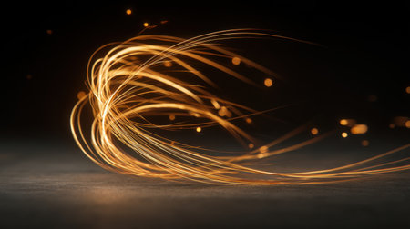 A mesmerizing display of glowing sparks and light trails flowing dynamically against a dark background. Perfect for creative and artistic projects.の素材