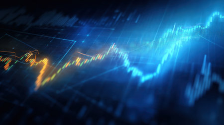 Dynamic digital visualization showcasing abstract finance data trends with vivid blue and orange tones, representing stock market growth and activity through charts.の素材