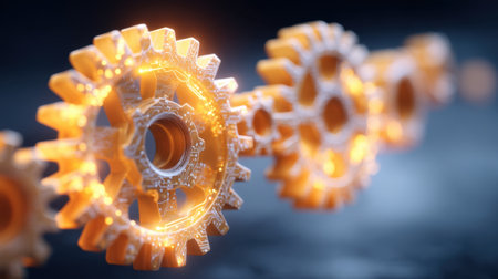 This striking image features a series of gleaming orange gears, illuminated to highlight their intricate design, symbolizing efficiency and technological advancement in engineering.の素材