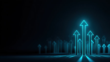 This abstract image features luminous arrows pointing upwards, symbolizing growth and progress. The dark background enhances the glowing effect, perfect for motivational themes.の素材