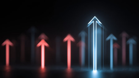 An abstract image featuring glowing arrows in neon hues representing growth and innovation. The blurred effect adds depth, capturing the essence of progress in a digital world.の素材