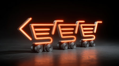 Vibrant neon symbols representing shopping carts on wheels set against a dark backdrop, showcasing a modern design perfect for e-commerce and retail projects.の素材