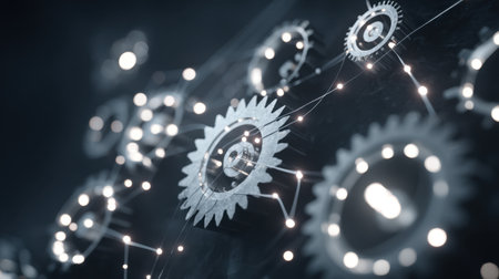 Intricate metallic gears and cogs illuminated with glowing lights depict the essence of technology and engineering in this captivating abstract image.の素材