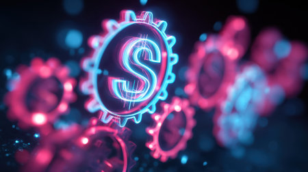 Abstract representation of finance and technology featuring neon gears and a glowing dollar sign, ideal for themes of investment, money, and innovation in the digital age.の素材