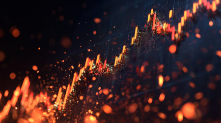 Visual representation of stock market trends featuring glowing candle charts and vibrant particles, symbolizing financial growth and investment opportunities in a dynamic landscape.の素材