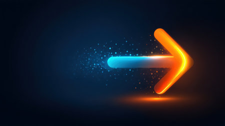 Eye-catching arrow icon with a glowing blue and orange color scheme, enhanced by a mesmerizing particle trail. Perfect for illustrating direction and movement themes.の素材