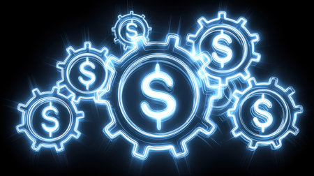 This futuristic image showcases glowing gears intertwined with dollar signs, representing finance and technology in a dynamic economic environment. Perfect for business themes.の素材