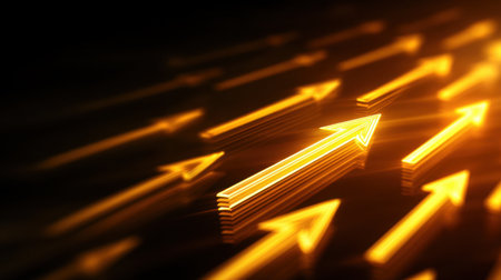Eye-catching illustration of golden arrows depicting growth and success against a dark background. Ideal for business themes, motivation, and progress concepts.の素材