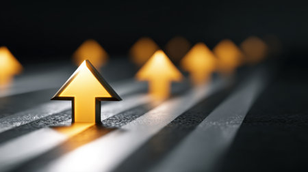 This image features golden arrows pointing upward against a dark background, representing growth and progress in various aspects of life and business.の素材