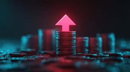 A visually striking image of stacked coins with a glowing neon arrow indicating financial growth, representing investment success and positive economic trends in business.の素材
