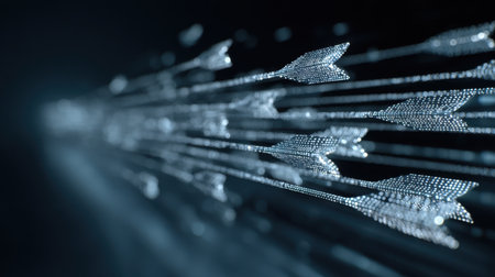 An abstract digital artwork featuring arrows in vibrant motion, capturing speed and direction. The sparkling effects enhance a sense of energy and focus.の素材