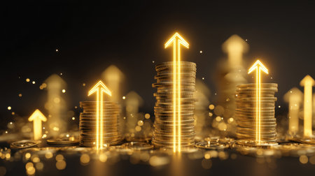 Golden coins stacked in increasing height with glowing arrows indicate financial growth and investment success, creating a vibrant and dynamic atmosphere.の素材