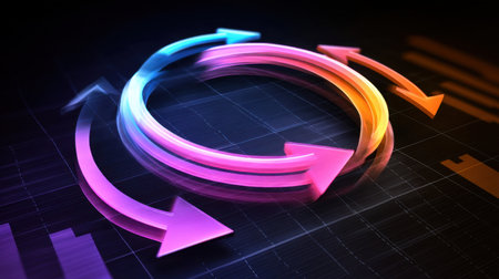 Vibrant circular motion arrows create a modern, dynamic design representing trends and processes in technology and data visualisation, perfect for abstract projects.の素材