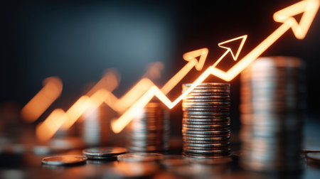 This dynamic image illustrates financial growth with stacks of coins and upward arrows, symbolizing investment opportunities and success in today's economy.の素材