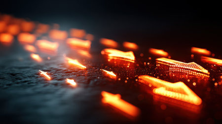 A captivating image featuring bright orange glowing arrows on a dark surface. This artwork symbolizes movement, direction, and technological energy, perfect for modern themes.の素材