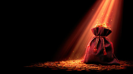 A beautifully lit money bag filled with golden coins creates an aura of wealth. The interplay of light and shadow evokes themes of success and financial prosperity.の素材