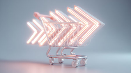 A glowing shopping cart with neon arrows symbolizes modern e-commerce and consumer trends, showcasing innovation and digital marketing in retail solutions.の素材