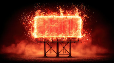 A striking image of a billboard consumed by flames, surrounded by dark smoke, capturing a powerful visual effect that evokes emotions of chaos and intensity.の素材