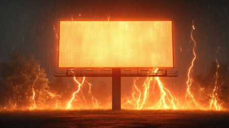 A striking image of a billboard illuminated against a backdrop of lightning and rain, showcasing the dramatic interplay of nature and urban environments during a storm.の素材