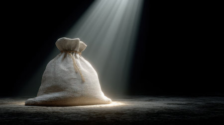 A burlap sack sits alone on a dark surface, illuminated by a soft beam of light, creating a dramatic contrast and highlighting the texture and shape of the fabric.の素材