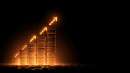 This image illustrates financial growth with ascending stacks of golden coins and arrows, portraying progress and success in the world of finance and investment.の素材