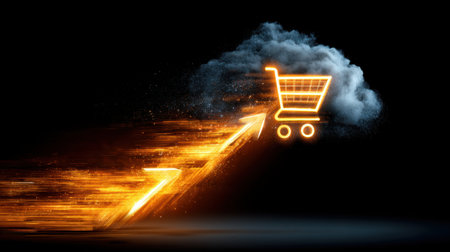 A striking visual representation of e-commerce growth, showcasing a shopping cart graphic in motion against a dramatic cloud background, symbolizing online business success.の素材