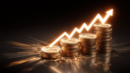 A captivating visual of stacked gold coins with a rising arrow representing financial growth, investment success, and potential profits in the world of economics.の素材
