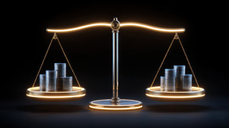 A striking visual of scales symbolizing economic imbalance, featuring stacks of coins on each side. The dark background accentuates themes of wealth disparity and financial justice.の素材