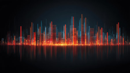 A stunning abstract depiction of a city skyline illuminated by vibrant neon lights reflected in dark water, creating a mesmerizing futuristic urban landscape.の素材