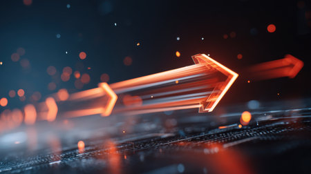 This image showcases dynamic orange arrows with motion blur against a dark background, ideal for conveying speed, direction, and innovation in technology or business themes.の素材