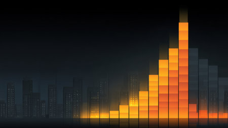 An abstract image depicting a vibrant growth graph against a dark urban backdrop, illustrating the concept of progress and prosperity in business and analytics.の素材