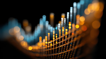 This mesmerizing abstract image features a digital wave pattern composed of glowing dots in varying vibrant colors, symbolizing sound or data flowing in technology and communication.の素材