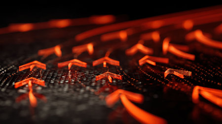 A captivating abstract image featuring glowing orange arrows on a dark textured surface. The design conveys motion and direction, perfect for modern artistic needs.の素材