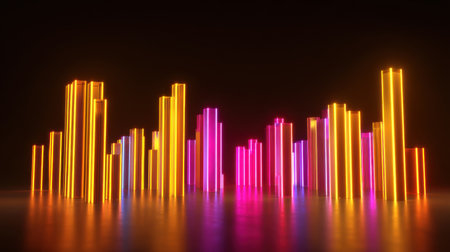 This captivating design features vibrant neon light bars that form an abstract skyline. The glowing colors create a dynamic atmosphere, ideal for modern themes.の素材