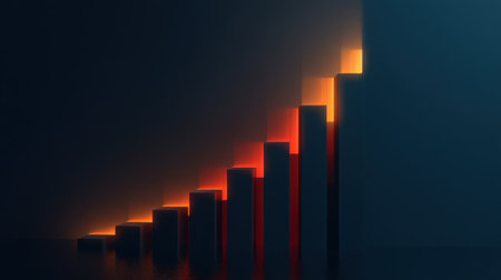 This abstract image features a series of illuminated geometric steps symbolizing growth and progress, set against a dark background that evokes innovation and potential.の素材