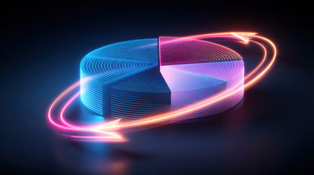 A vibrant abstract design of a neon pie chart with glowing arrows, symbolizing data visualization and innovative business analytics in a sleek dark setting.の素材