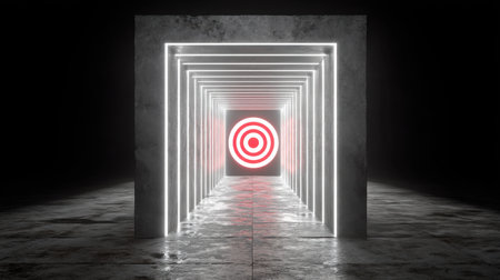 A captivating futuristic tunnel features neon lights and a prominent bullseye target at its center, symbolizing focus, goals, and visionary direction in a surreal environment.の素材