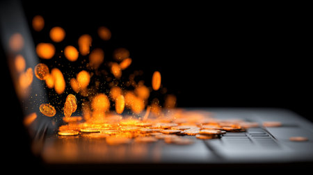 A captivating image featuring glowing coins emerging from an open laptop, symbolizing the intersection of technology and financial prosperity in a digital world.の素材
