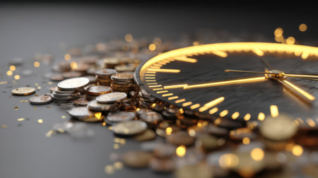 A close-up image featuring a clock surrounded by scattered coins, highlighting the intricate relationship between effective time management and financial achievements.の素材