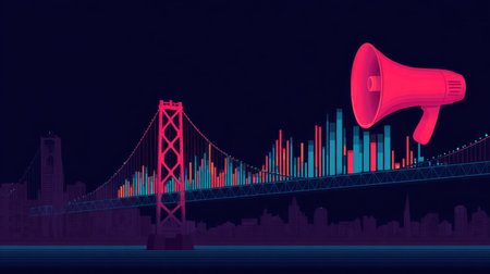 Explore a stunning digital artwork showcasing a megaphone alongside colorful audio visualizations and a city skyline under a night sky.の素材