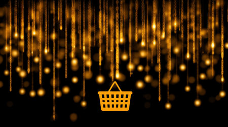 A vibrant shopping basket icon illuminated by golden shimmering lights on a dark background, ideal for themes in retail marketing, online transactions, or festive promotions.の素材