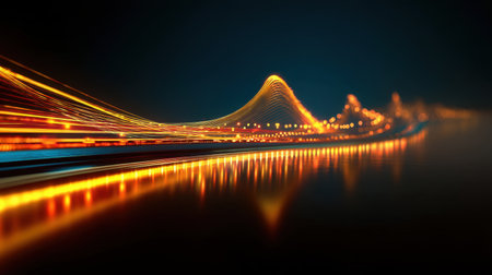 This stunning abstract image features vibrant light trails in smooth curves, reflecting beautifully on a dark surface, creating a modern and serene atmosphere.の素材